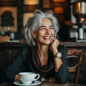 Frau mit Feste Zähne in jedem Alter im Cafe